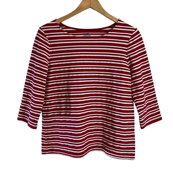 Croft & Barrow Red and White Striped Top XL Boat Neck 3/4 Sleeves Textured Knit - Picture 1 of 6